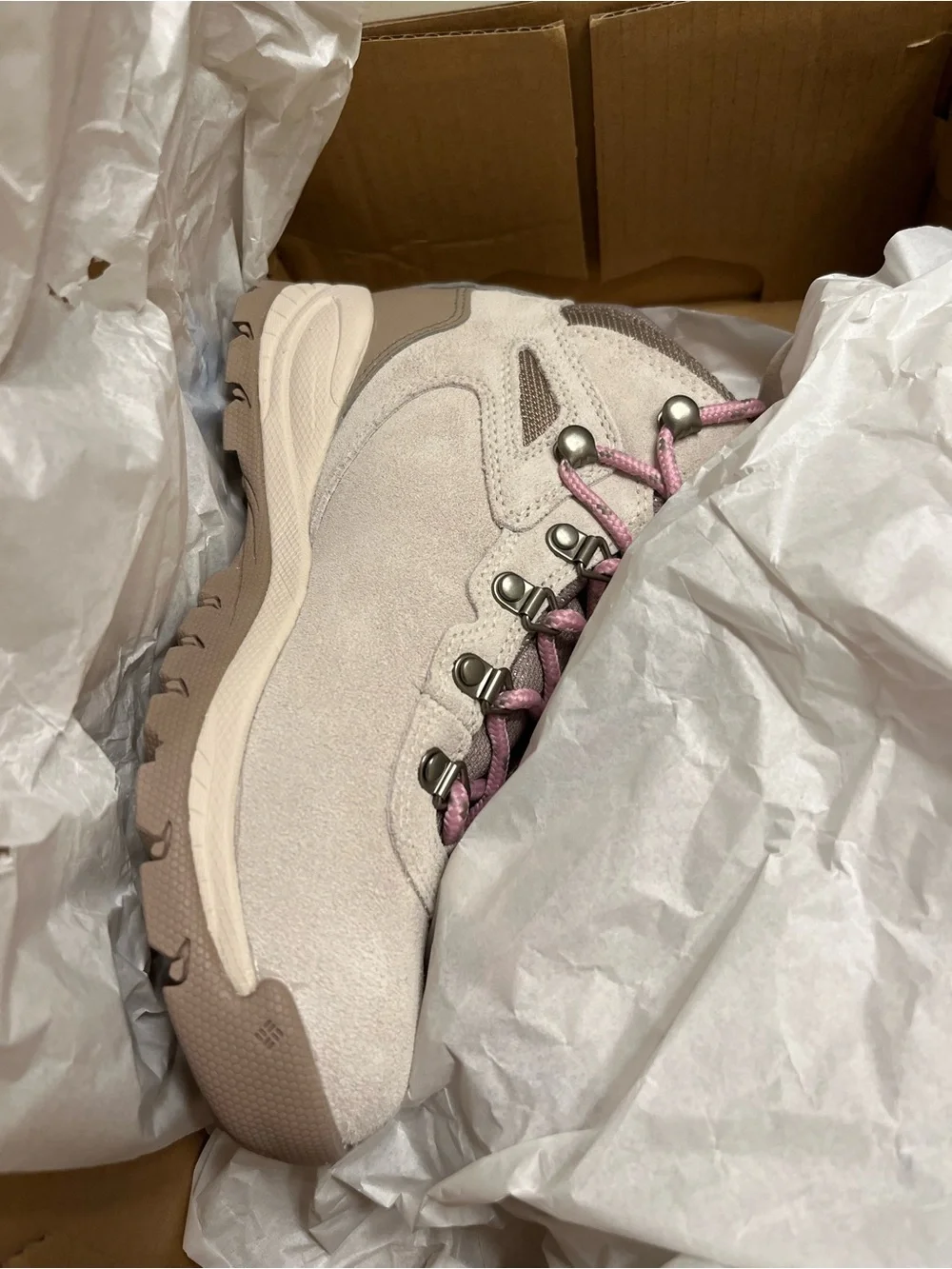 Columbia Women’s Winter Hiking Boots in Taupe with Pink Laces